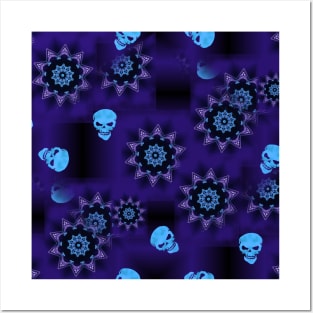 Blue Glow Skull Mandala - Goth Fashion - emo, punk, halloween, hippie, boho, bohemian Posters and Art